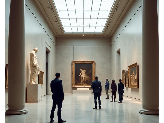 Intérieur d'un musée d'art moderne avec des visiteurs admirant des sculptures dans une galerie lumineuse.