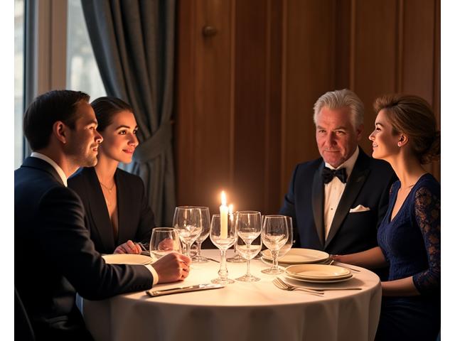 Un dîner formel avec une table élégamment dressée, des convives intergénérations vêtus de tenues de soirée, engageant une conversation polie indicative de savoir-vivre. Cadre luxueux et discret.