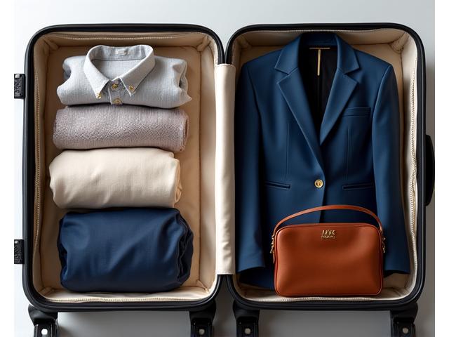 Une garde-robe élégante et polyvalente pour le voyage, avec des accessoires de luxe et des chaussures.