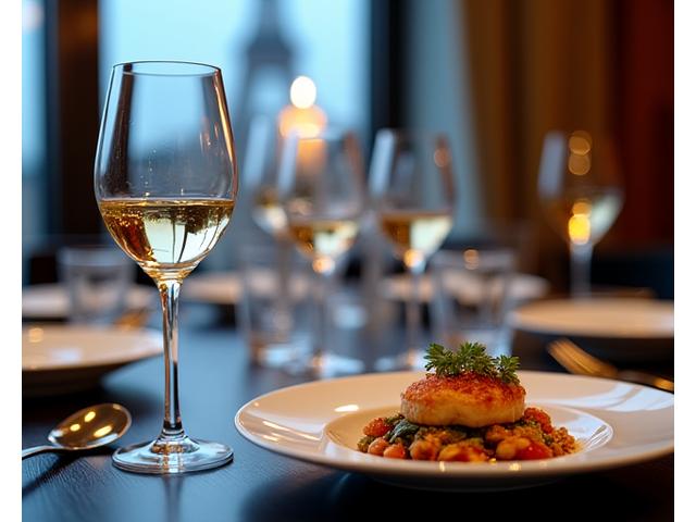 Une table dressée dans un restaurant gastronomique, avec des plats d'exception et des verres de vin raffinés.
