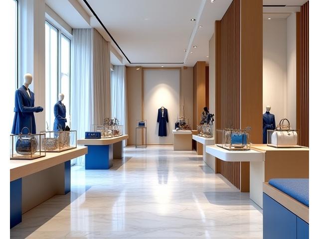 Intérieur d'une boutique de haute couture parisienne, avec des sacs à main et des accessoires de luxe exposés.