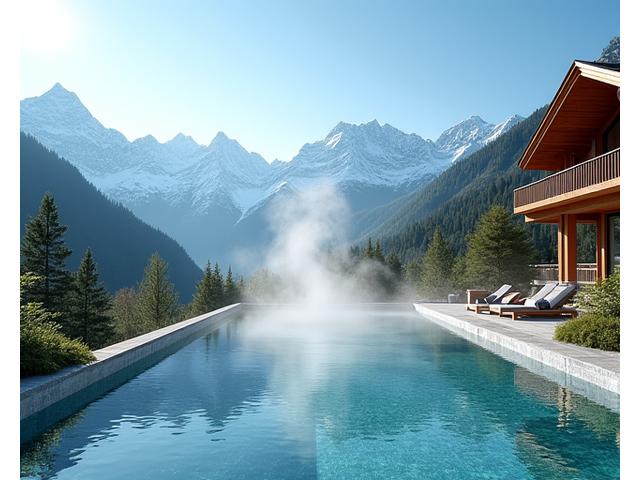 Panorama des Alpes suisses avec un chalet de luxe et des sources thermales naturelles.