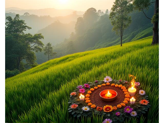 Rizières en terrasses de Bali avec de l'encens et des fleurs, symbolisant le healing traditionnel.