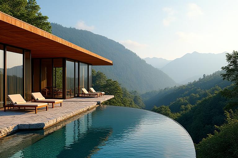 Écolodge luxueux niché dans les montagnes avec vue panoramique et piscine naturelle.