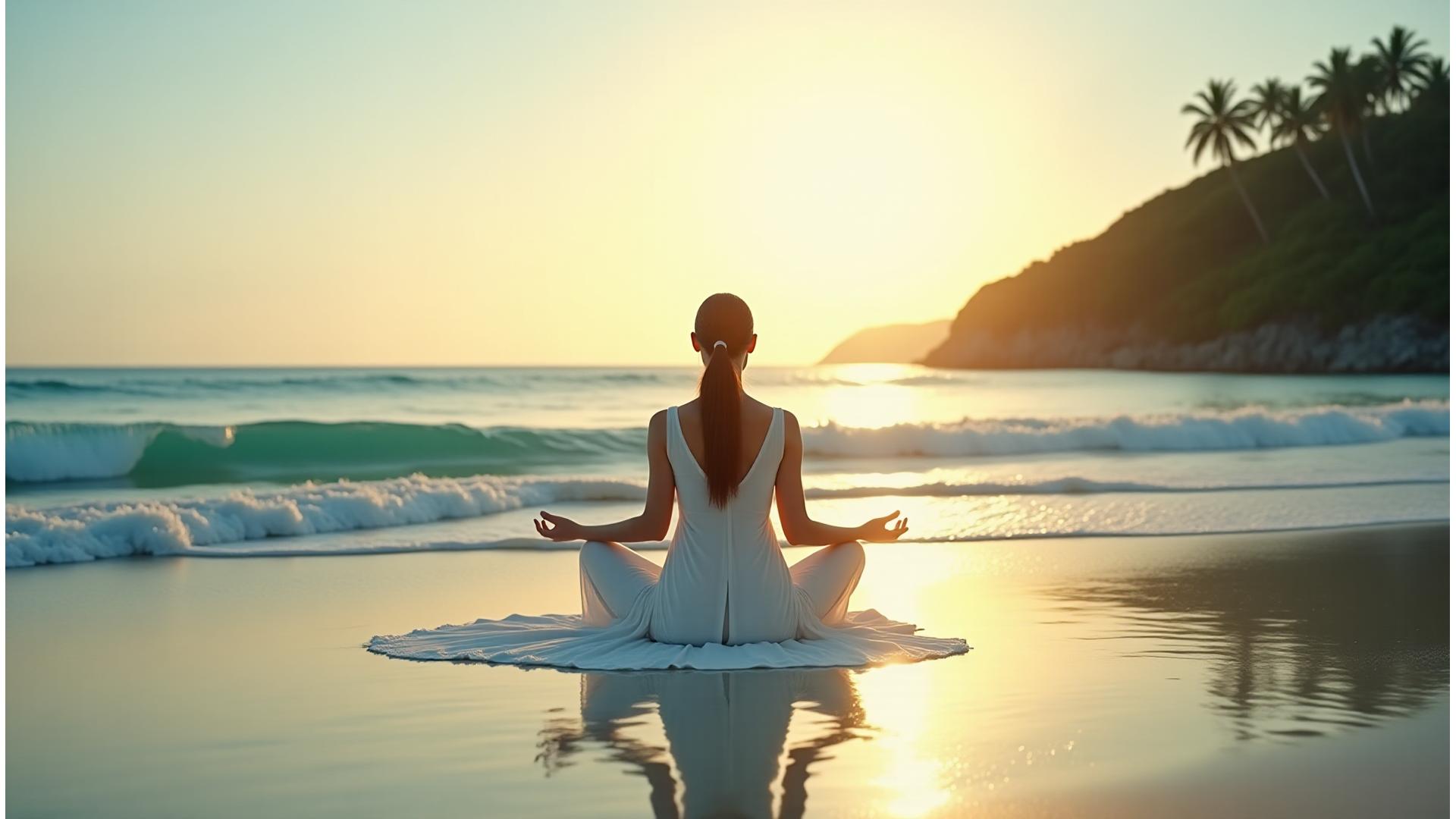 Une femme méditant au lever du soleil sur une plage immaculée, symbolisant la paix et la régénération.