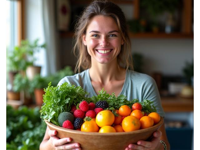 Nutritionniste holistique souriante présentant un bol de fruits frais et colorés.