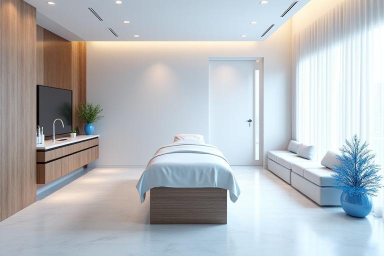 Intérieur lumineux et épuré d'un spa médical certifié avec des installations modernes.