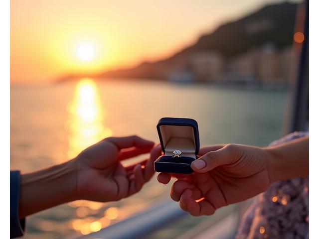 Proposition de mariage romantique sur un yacht au coucher du soleil
