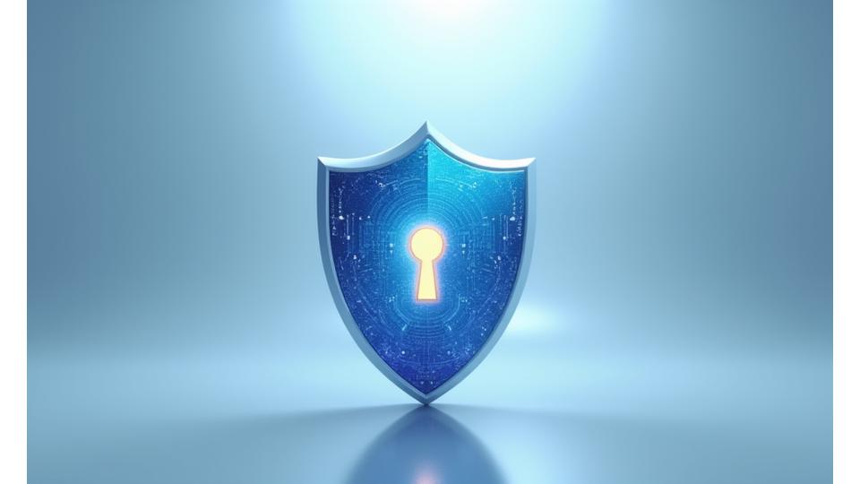 Une icône représentant un bouclier numérique avec une serrure, symbolisant la cybersécurité et la protection des données.