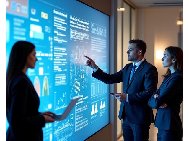 Une équipe d'experts regardant un tableau de bord numérique, symbolisant la transformation digitale et l'innovation dans le voyage.