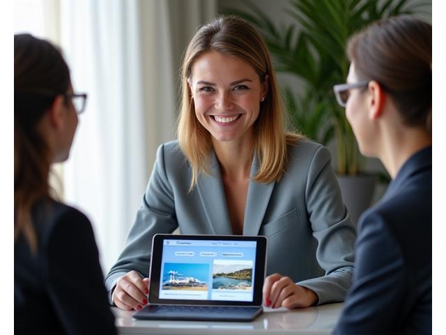 Une femme élégante souriante discutant avec un client dans un bureau moderne et lumineux de type conciergerie.