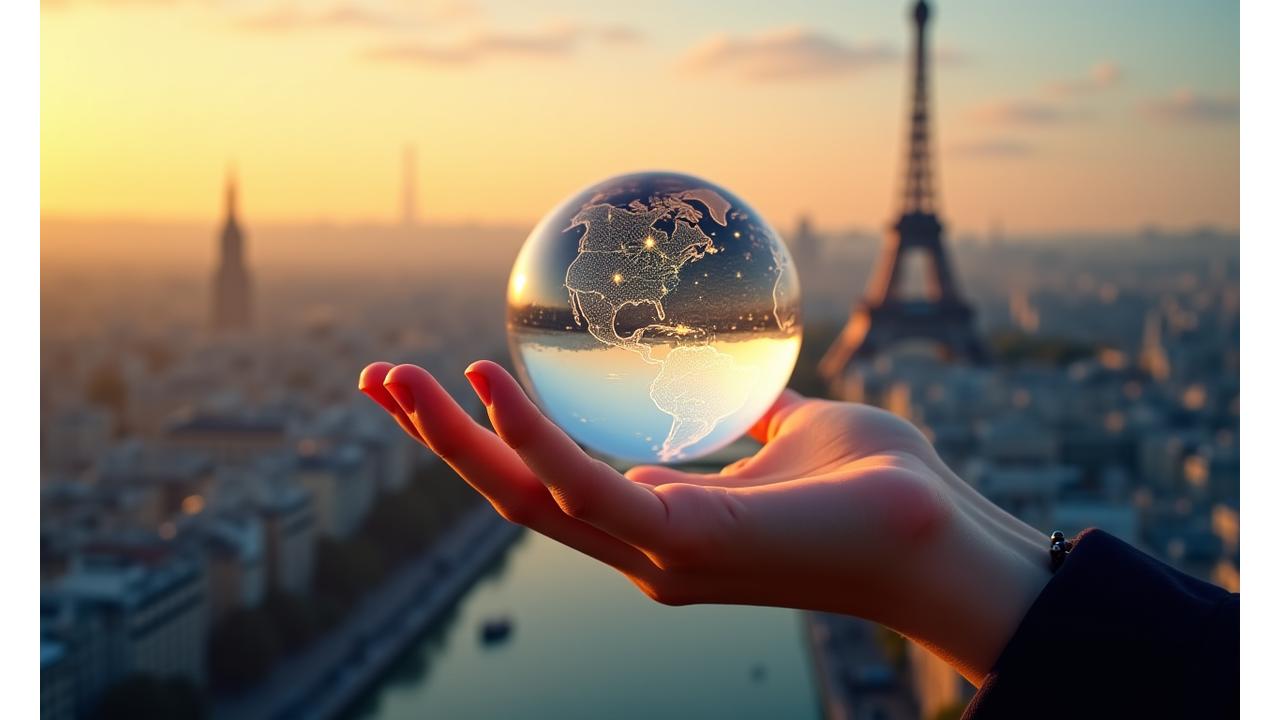 Une main tendue tenant une carte du monde stylisée avec des bulles de carte de localisation, en arrière-plan flou de la Tour Eiffel lumineuse au lever du soleil.