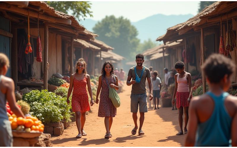 Une scène de village animée où des voyageurs interagissent avec des habitants souriants, des enfants jouent, symbolisant l'impact positif du tourisme durable sur l'économie locale et la culture.