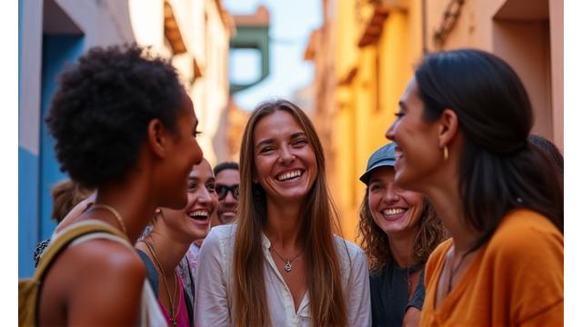 Un petit groupe de voyageurs riant et échangeant avec un guide local souriant dans une ruelle colorée d'un village pittoresque, l'ambiance est conviviale et intime.