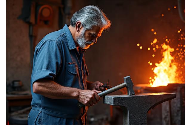 Un artisan indien forgeron travaillant le métal incandescent dans son atelier traditionnel, des étincelles jaillissant et des outils anciens disposés autour de lui.