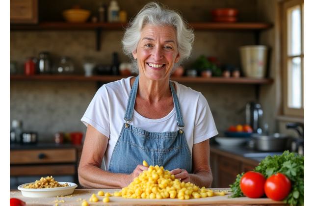 Une grand-mère italienne souriante et chaleureuse enseignant à un petit groupe la préparation de pâtes fraîches dans une cuisine rustique, des ingrédients frais sur la table.