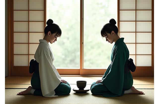Jeunes femmes japonaises en kimono participant à une cérémonie du thé traditionnelle dans un cadre serein, des ustensiles à thé épurés posés sur un tatami.
