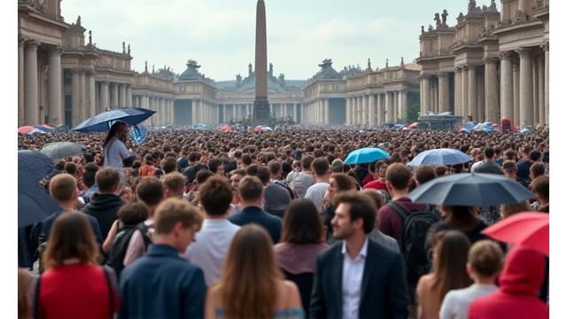Un large groupe de touristes avec des parapluies, suivant un guide avec une perche, sur une place bondée au pied d'un monument célèbre, l'ensemble dépersonnalisé.