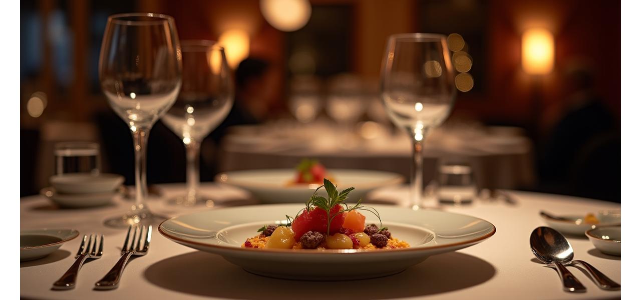 Table élégamment dressée dans un restaurant étoilé, avec des plats gastronomiques