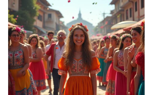 Festival traditionnel coloré avec des danseurs en costumes traditionnels, au milieu d'un public joyeux