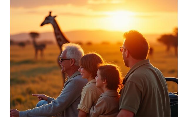 Famille souriante observant des girafes lors d'un safari en Afrique