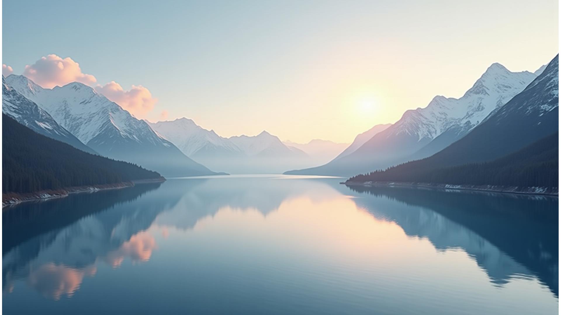 Vue panoramique d'un paysage de montagne et lac paisible au lever du soleil