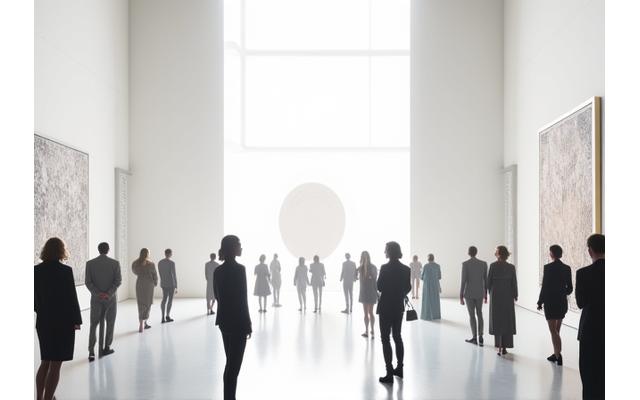 Intérieur lumineux d'une galerie d'art moderne avec des sculptures abstraites.