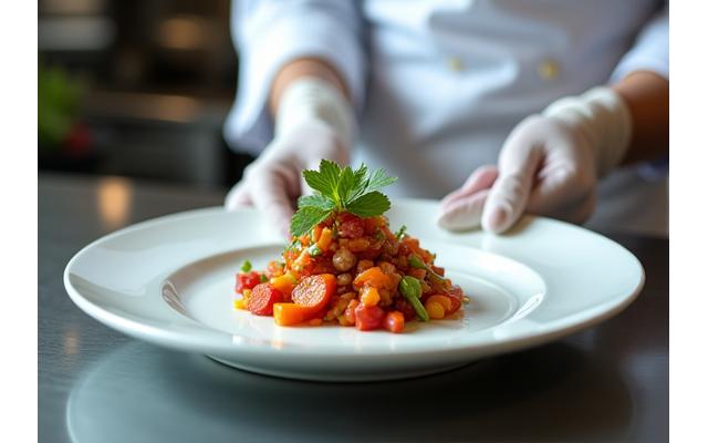 Chef cuisinier dressant une assiette de haute gastronomie avec des détails précis.