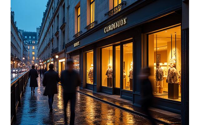 Façade d'une boutique de luxe parisienne au crépuscule, illuminée et élégante.