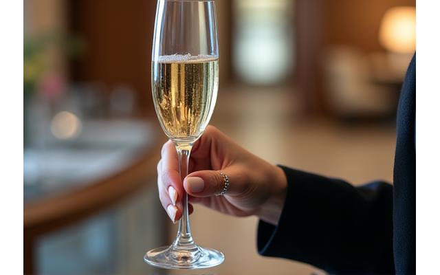 Main tenant une coupe de champagne dans un hôtel de luxe