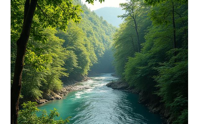 Forêt luxuriante avec chemins de randonnée et rivière, symbole de tourisme durable