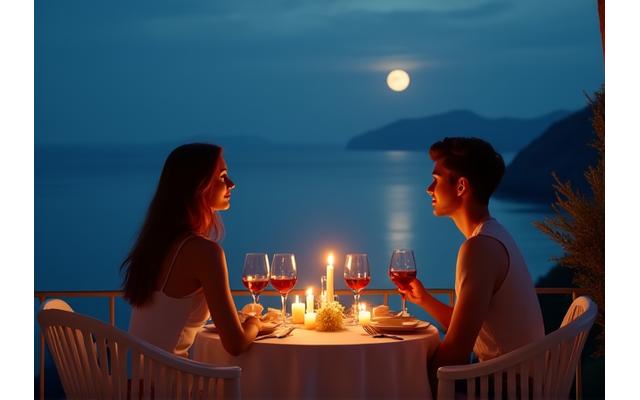 Jeune couple en train de savourer un dîner romantique avec vue sur la mer