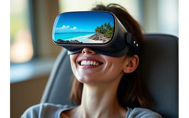 Personne portant un casque de réalité virtuelle explorant une destination exotique