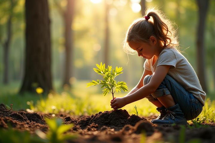 Petite fille plantant un arbre avec l'aide d'un adulte dans une forêt reboisée, symbolisant l'investissement dans le tourisme durable.
