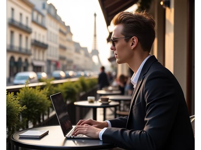 Un voyageur d'affaires élégant utilisant un ordinateur portable dans un café parisien chic, avec la Tour Eiffel en arrière-plan, symbolisant l'efficacité et le plaisir.