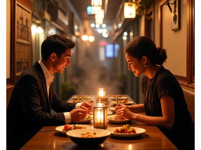 Un couple dégustant des plats exquis dans un restaurant cosy et authentique à Tokyo, loin des foules touristiques habituelles.