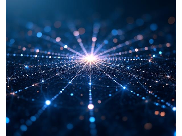 Une visualisation abstraite et élégante d'un réseau neuronal, représentant l'intelligence artificielle traitant des données complexes, avec des interconnexions lumineuses.