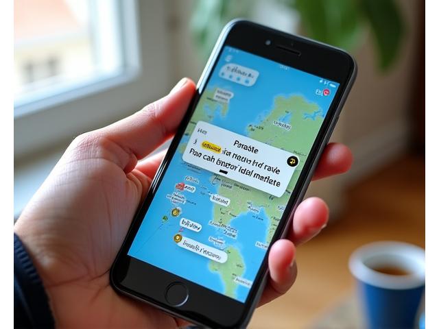 Une interface de carte numérique sur un smartphone, montrant un itinéraire de voyage avec des notifications pop-up indicant des ajustements en temps réel liés à la météo, au trafic ou à l'affluence des sites.