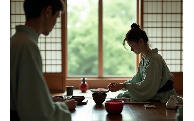 Participants à une cérémonie du thé japonaise traditionnelle, atmosphère calme et respectueuse.