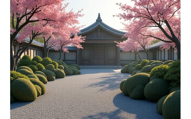 Jardin zen à Kyoto, Japon, avec des temples traditionnels et des cerisiers en fleurs.