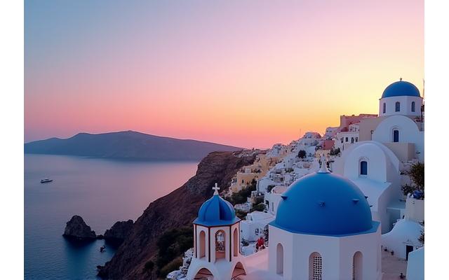 Coucher de soleil sur les dômes bleus d'Oia, Santorin, Grèce, avec la mer Égée en arrière-plan.