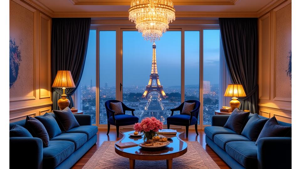 Suite présidentielle d'un hôtel de luxe avec vue panoramique sur la ville, mobilier élégant et art moderne.