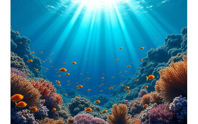 Plongeur explorant un récif corallien vibrant avec des poissons tropicaux colorés.