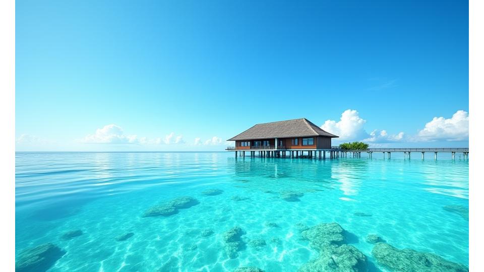 Villa sur pilotis aux Maldives, avec piscine privée, lagon turquoise et vue sur l'océan infini.