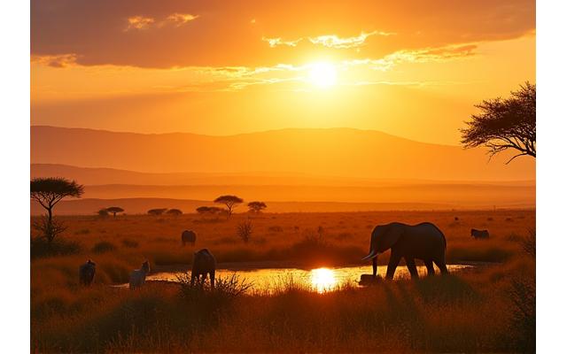 Groupe observant des lions dans la savane tanzanienne au lever du soleil.
