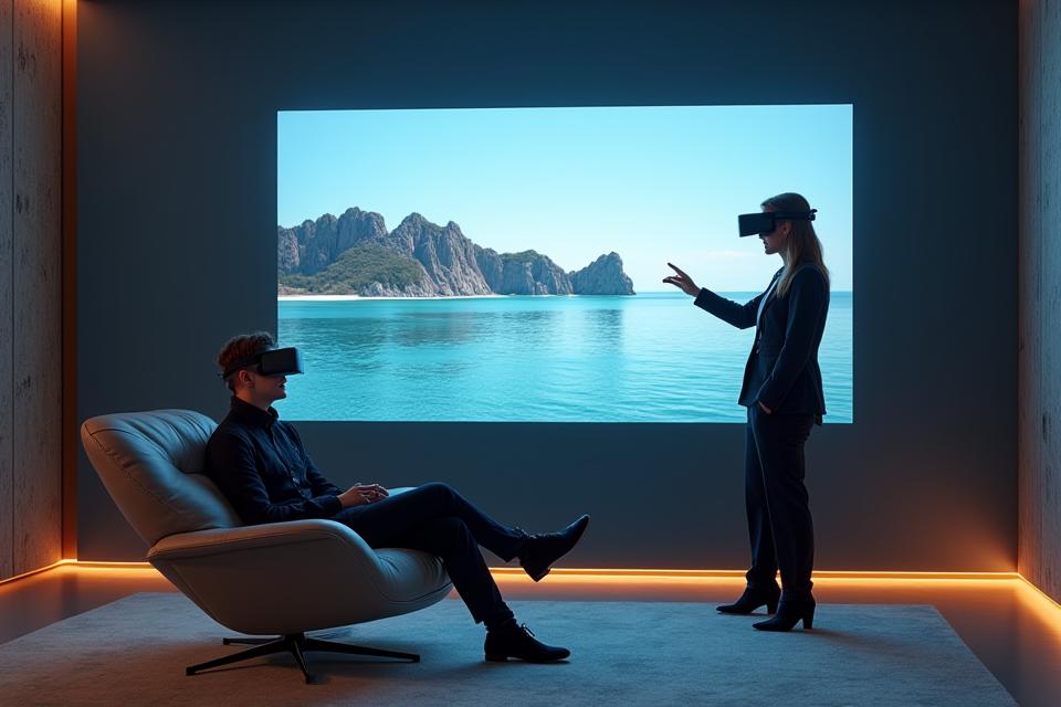 Showroom VR élégant et moderne à Paris, avec un client portant un casque VR, assisté par un conseiller de voyage.