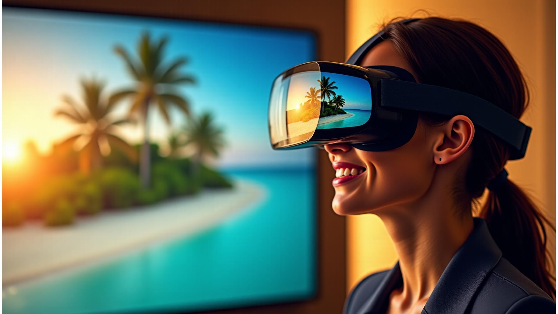 Personne portant un casque VR, explorant une plage tropicale luxuriante, l'interface utilisateur VR élégante et futuriste superposée.