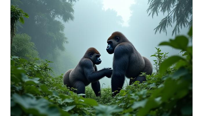 Deux gorilles des montagnes jouant dans un environnement verdoyant, observé à distance par un guide et des voyageurs, symbolisant le respect de la faune.