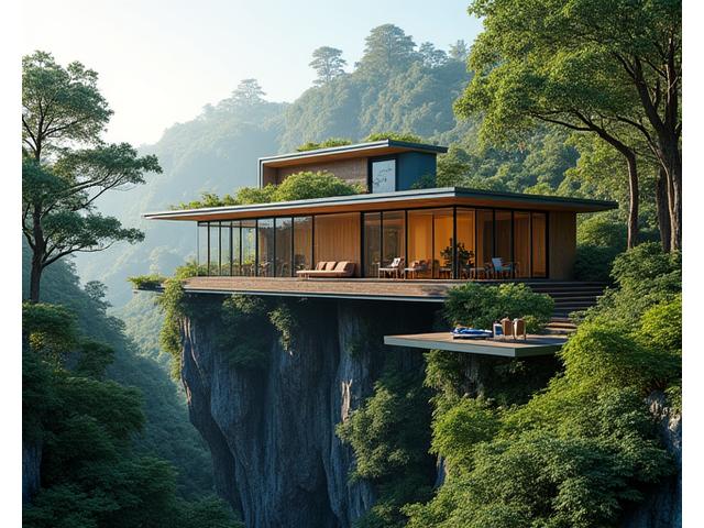 Écolodge de luxe intégré dans une forêt tropicale, avec panneaux solaires sur le toit et récupération d'eau de pluie visible.