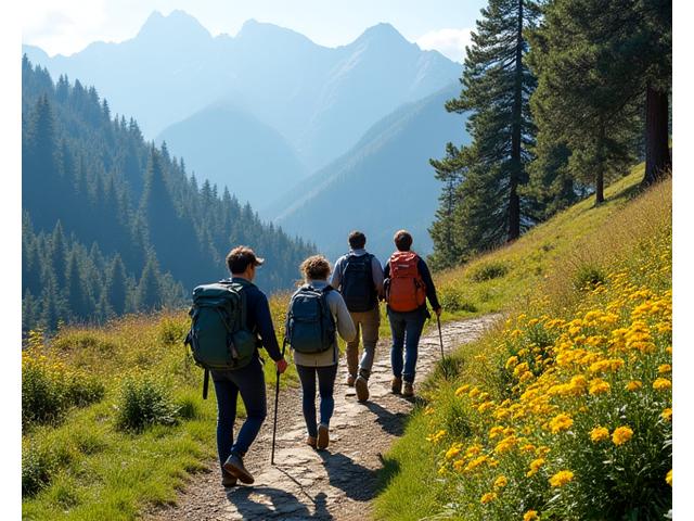 Groupe de randonneurs sur un sentier montagneux verdoyant, avec un guide local les indiquant la flore, symbolisant la connexion à la nature.